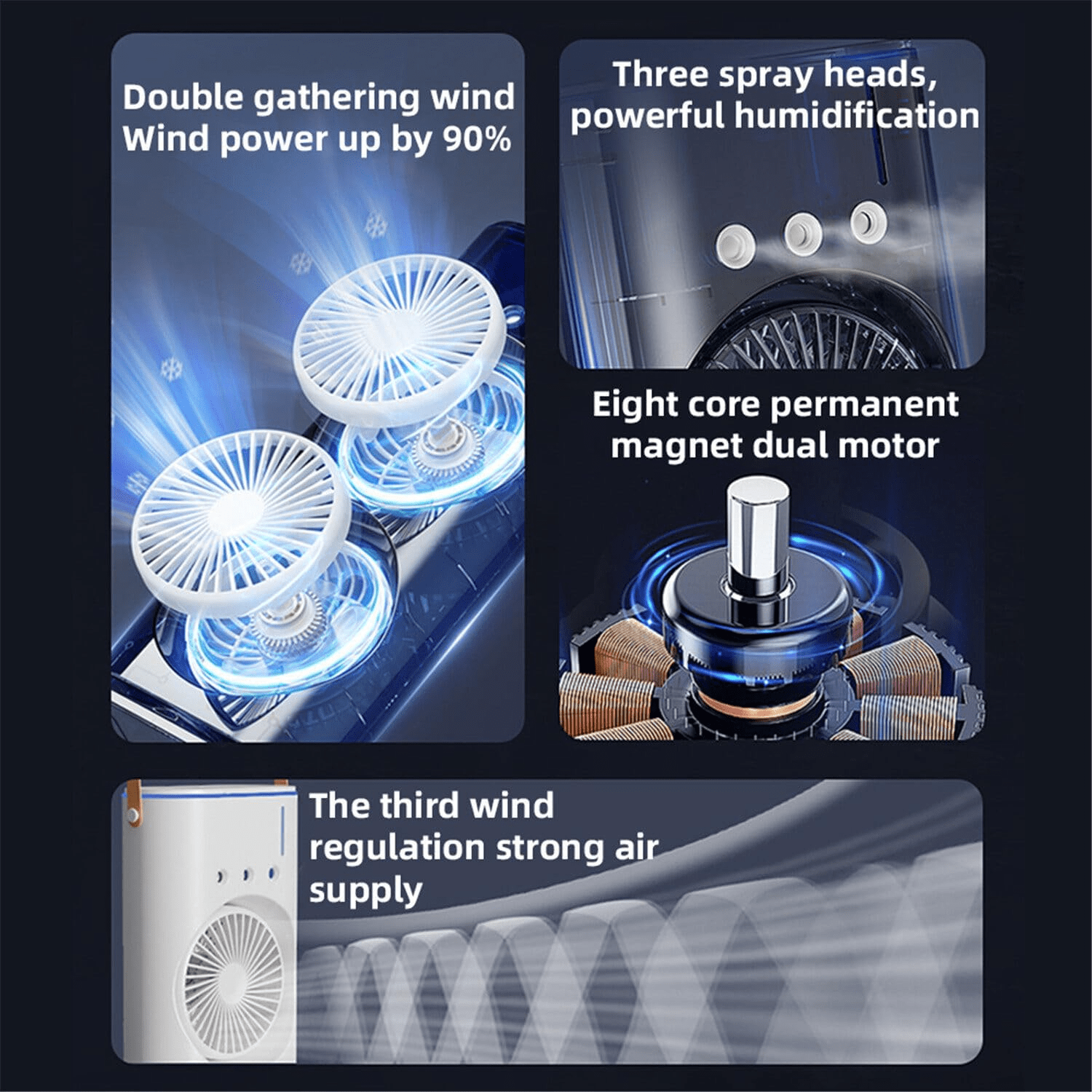 Double head tower fan with control humidifier 180 ° adjustable 90 ° rotary desk fan