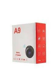 A9 Mini Camera Box Packaging for small Wi-Fi security camera with various features listed