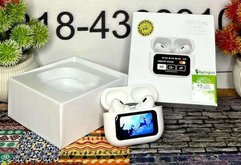A9 Pro earbuds with display showcased in their white packaging, emphasizing modern design and premium features