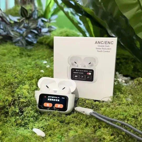 Gadget Spark A9 Pro earbuds with display in charging case on a lush green background