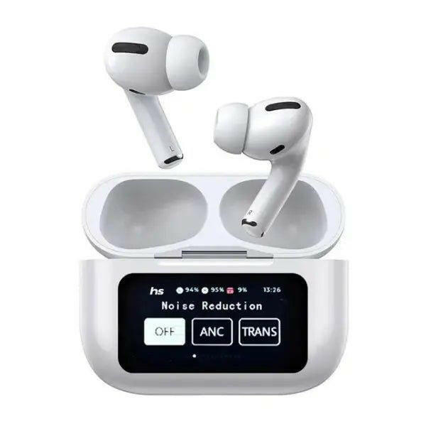 Gadget Spark A9 Pro earbuds with display in white charging case with noise reduction controls