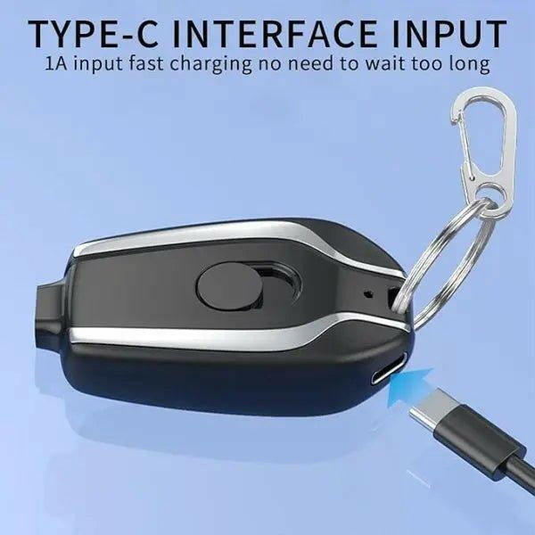Compact emergency phone charger keychain with Type-C interface for fast charging on the go