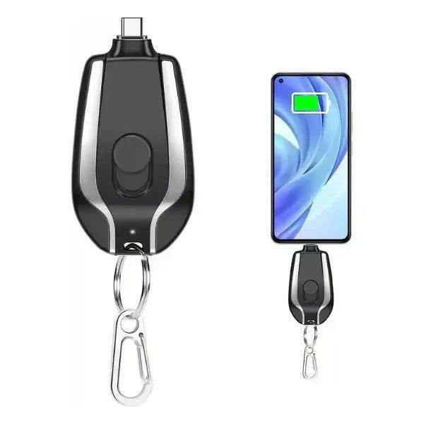 Gadget Spark emergency phone charger keychain in sleek black design for portable charging on the go