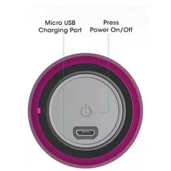 Top view of Gadget Spark mini JBL speaker showing micro USB charging port and power button, pocket size speaker with big bass