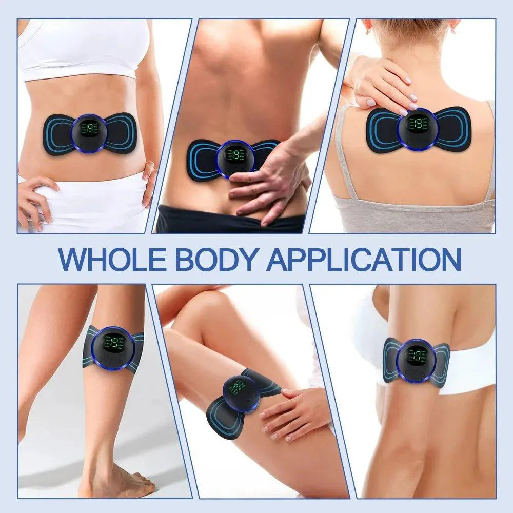 Gadget Spark portable neck massager shown in use on various body parts for whole body application